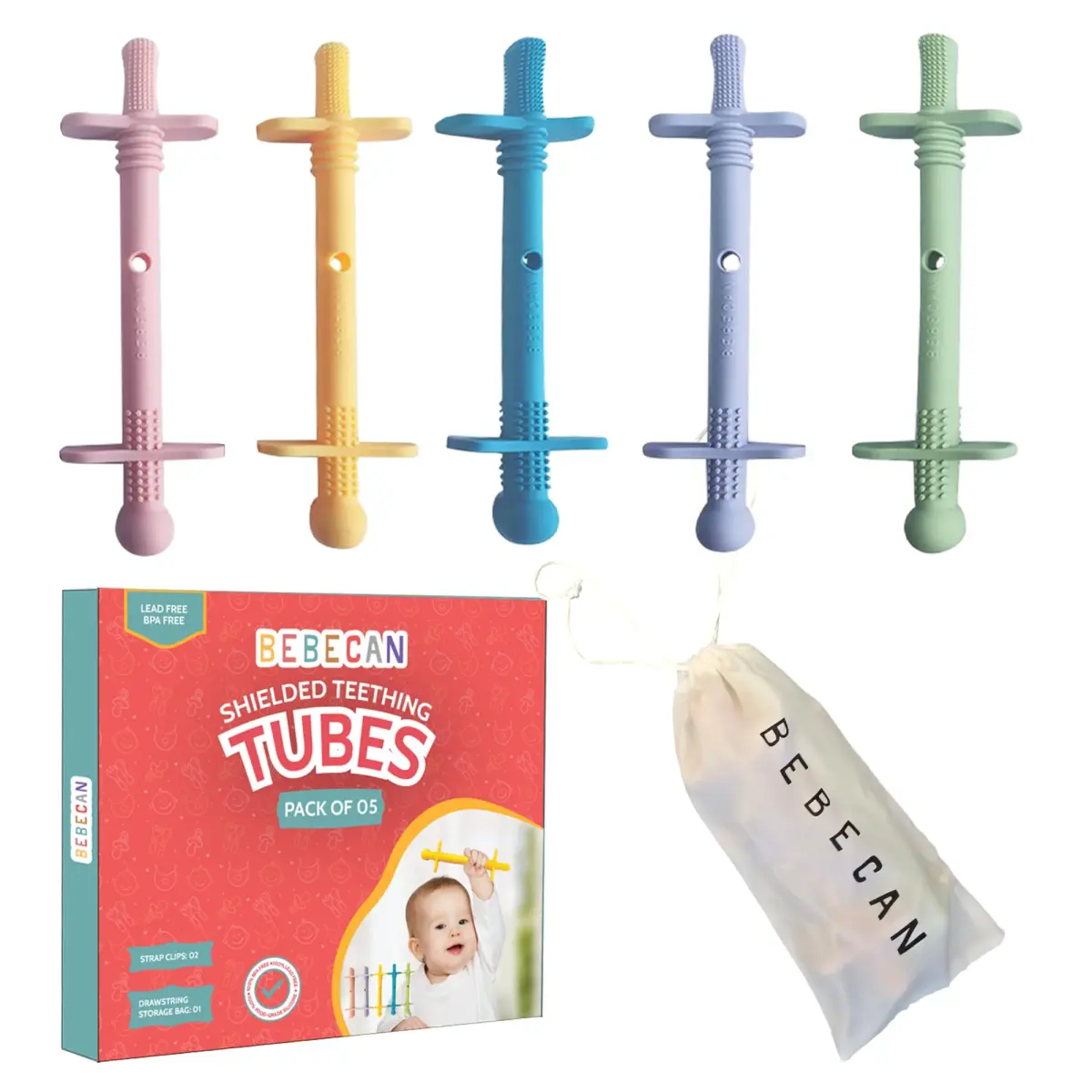 Bebecan Shielded Teething Tubes with Safety Shield, 5 Soft Tubes + 2 Clips + 2 Brushes + Bag | BPA-Free Silicone for 0-36 Months - main product image
