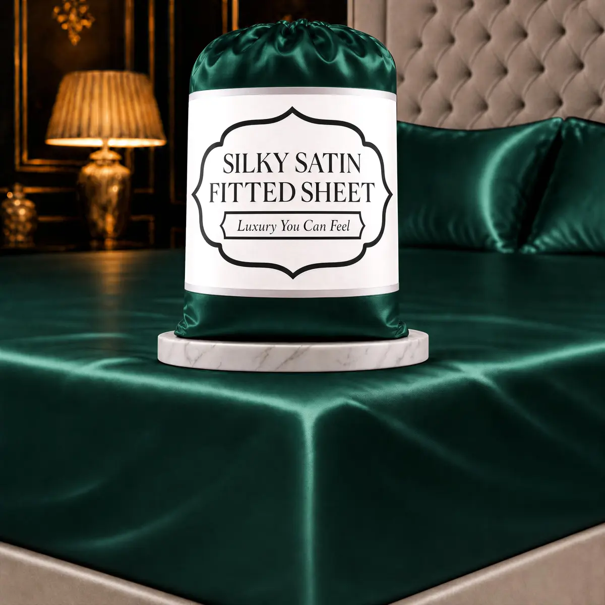 DECOLURE Satin Fitted Sheet Full Size Dark Green | Silky Smooth Luxury with 15-Inch Deep Pockets - main product image
