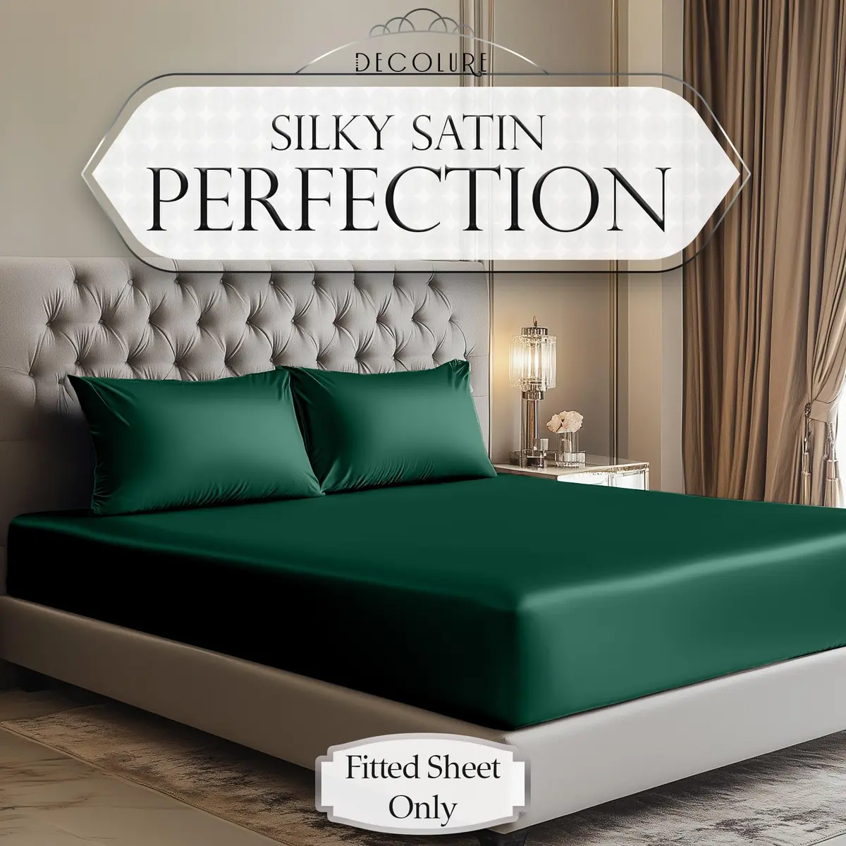 DECOLURE Satin Fitted Sheet Full Size Dark Green | Silky Smooth Luxury with 15-Inch Deep Pockets - view 2