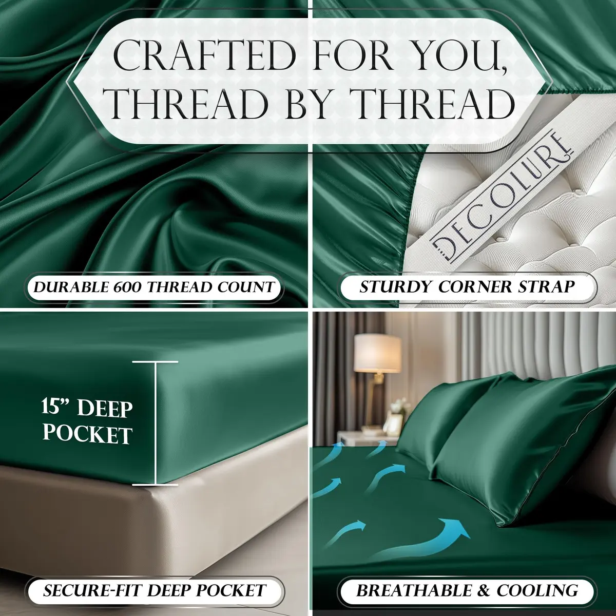 DECOLURE Satin Fitted Sheet Full Size Dark Green | Silky Smooth Luxury with 15-Inch Deep Pockets - view 3