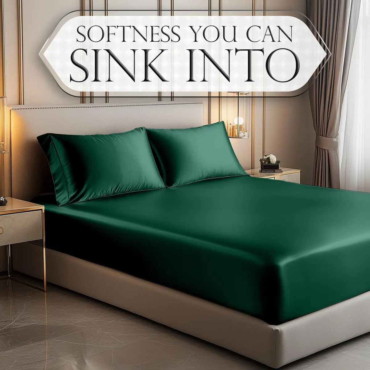 DECOLURE Satin Fitted Sheet Full Size Dark Green | Silky Smooth Luxury with 15-Inch Deep Pockets - view 4
