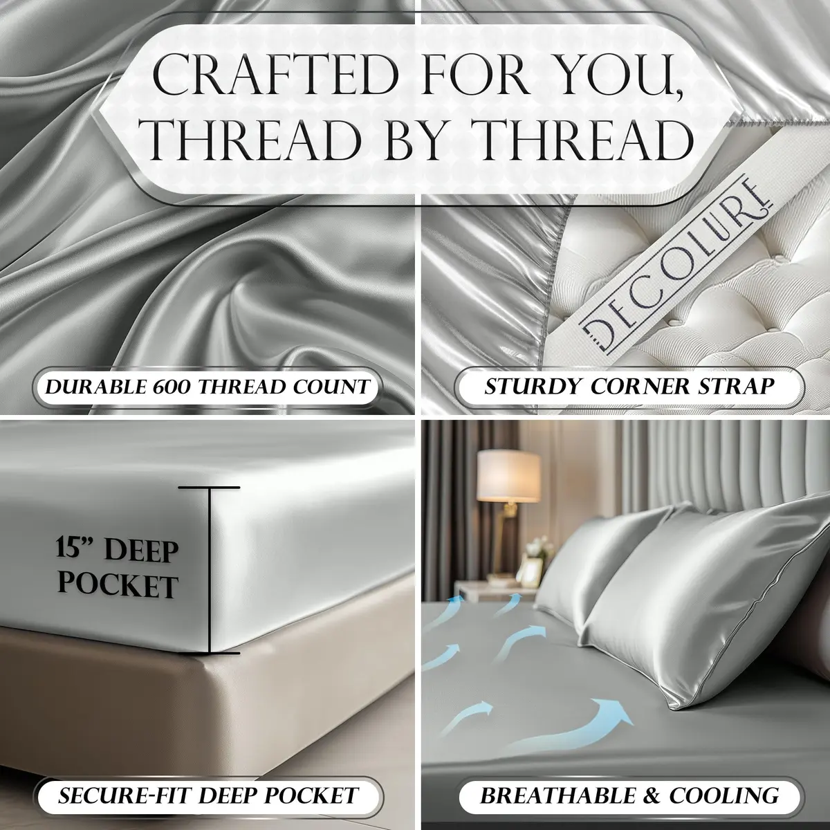 DECOLURE Satin Fitted Sheet King Size | Silky, Soft & Durable Bed Cover - view 3