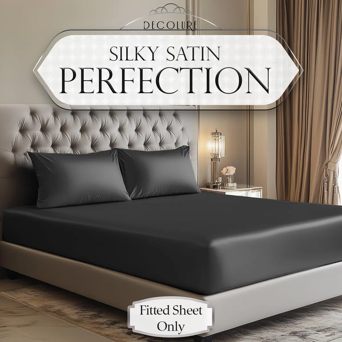 DECOLURE Satin Fitted Sheet King Size 78" L x 80" W x 15" D | Luxury Silky Smooth Fabric | Stone Grey - view 2