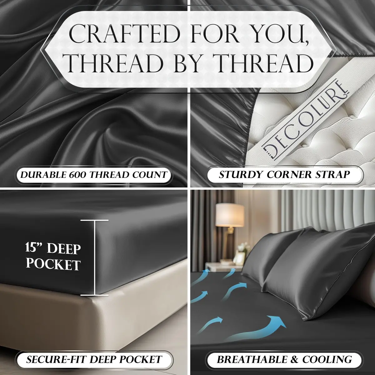 DECOLURE Satin Fitted Sheet King Size 78" L x 80" W x 15" D | Luxury Silky Smooth Fabric | Stone Grey - view 3