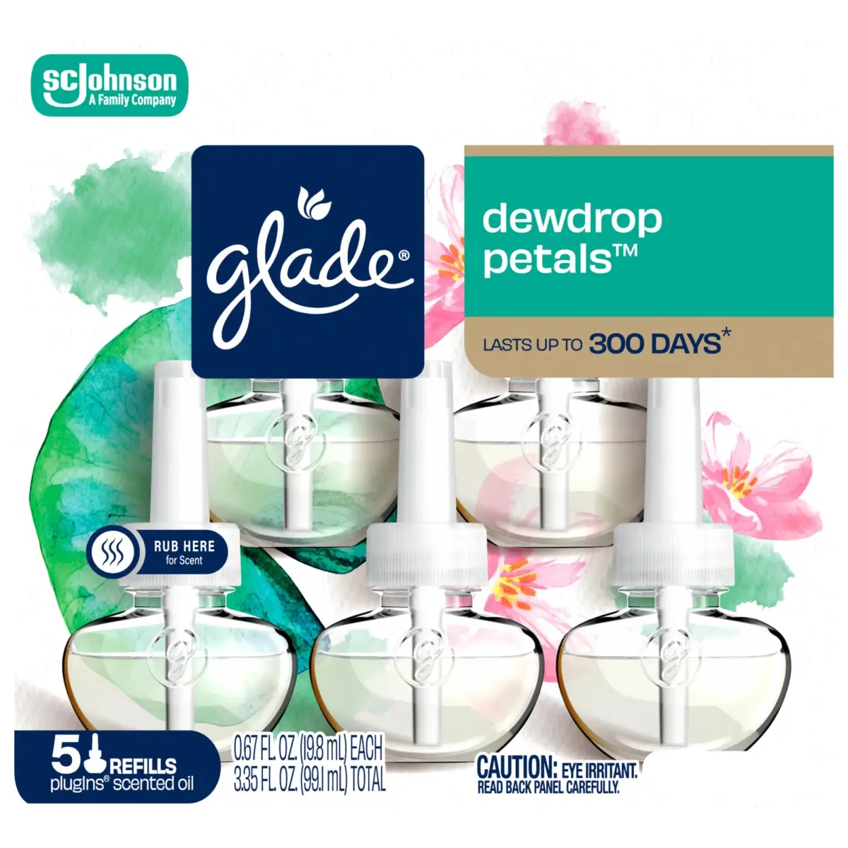Glade PlugIns Refills Air Freshener Dewdrop Petals 0.67 Fl Oz (20ml) x 5 Count | Scented with Essential Oils - main product image