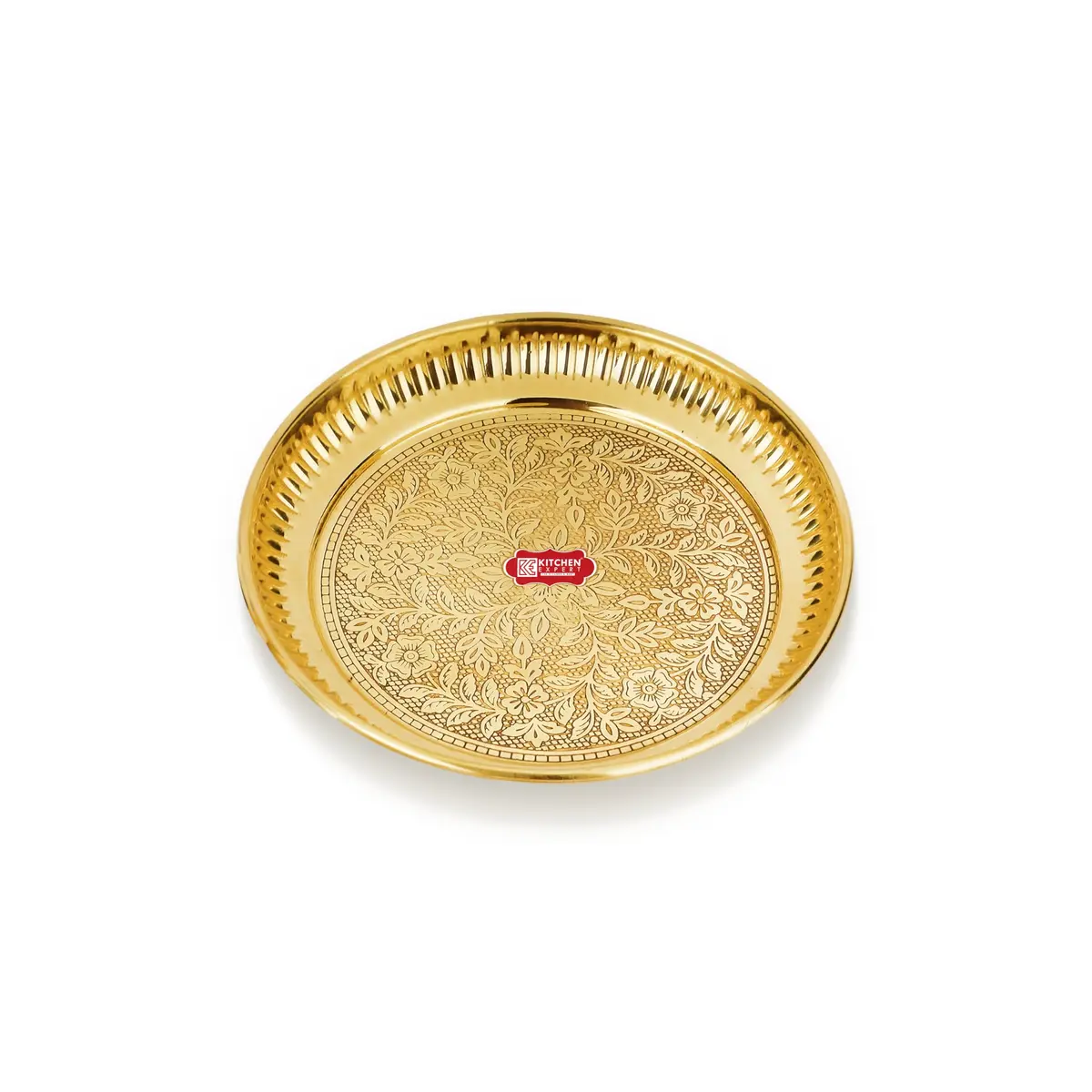 KITCHEN EXPERT Small Brass Pooja Plate 10cm Floral Engraved Handcrafted Solid Brass - main product image