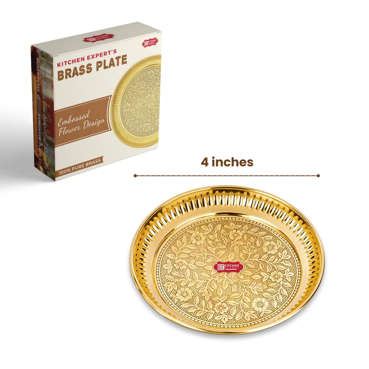 KITCHEN EXPERT Small Brass Pooja Plate 10cm Floral Engraved Handcrafted Solid Brass - view 2