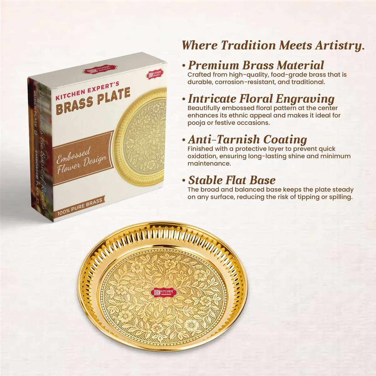 KITCHEN EXPERT Small Brass Pooja Plate 10cm Floral Engraved Handcrafted Solid Brass - view 3