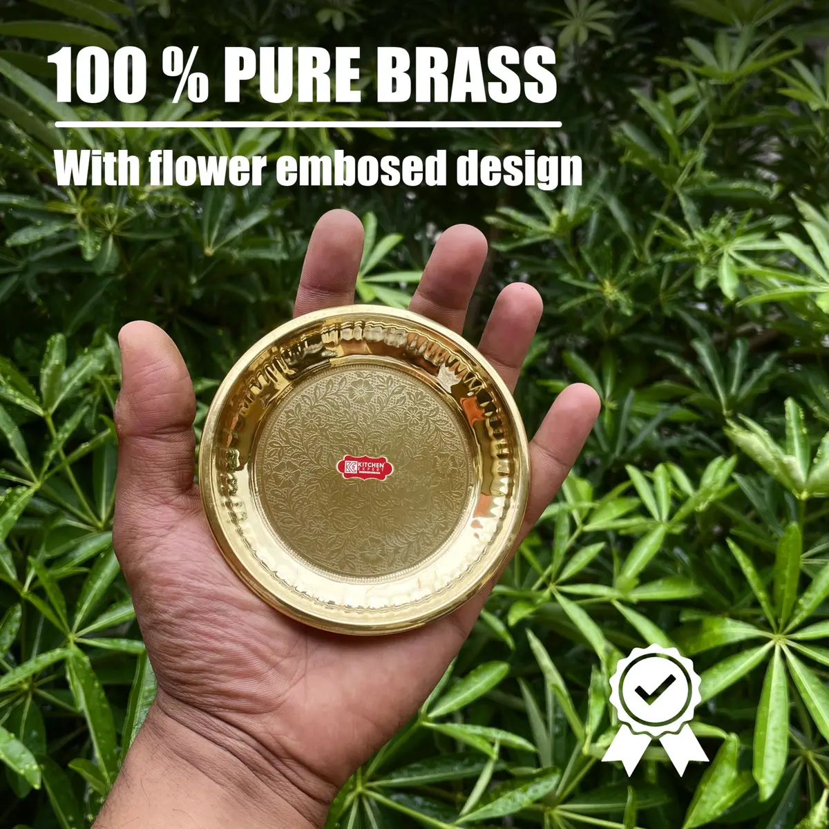 KITCHEN EXPERT Small Brass Pooja Plate 10cm Floral Engraved Handcrafted Solid Brass - view 4