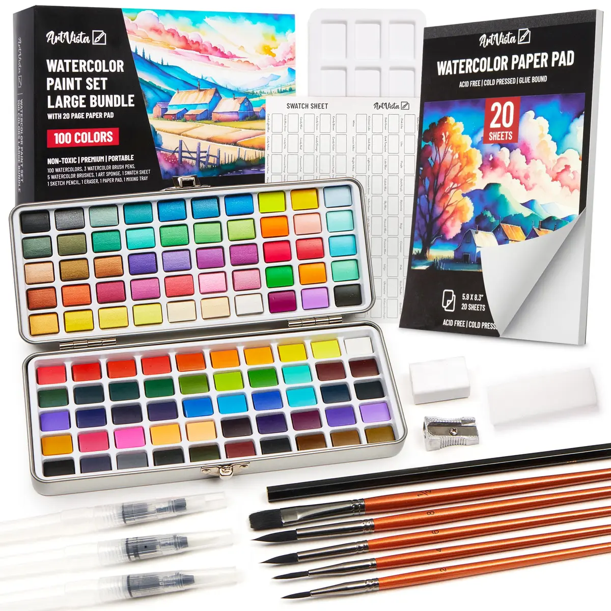 Art Vista Premium Watercolor Paint Set Bundle with 100 Vibrant Colors & Accessories | Non-Toxic, Portable Metal Case - main product image