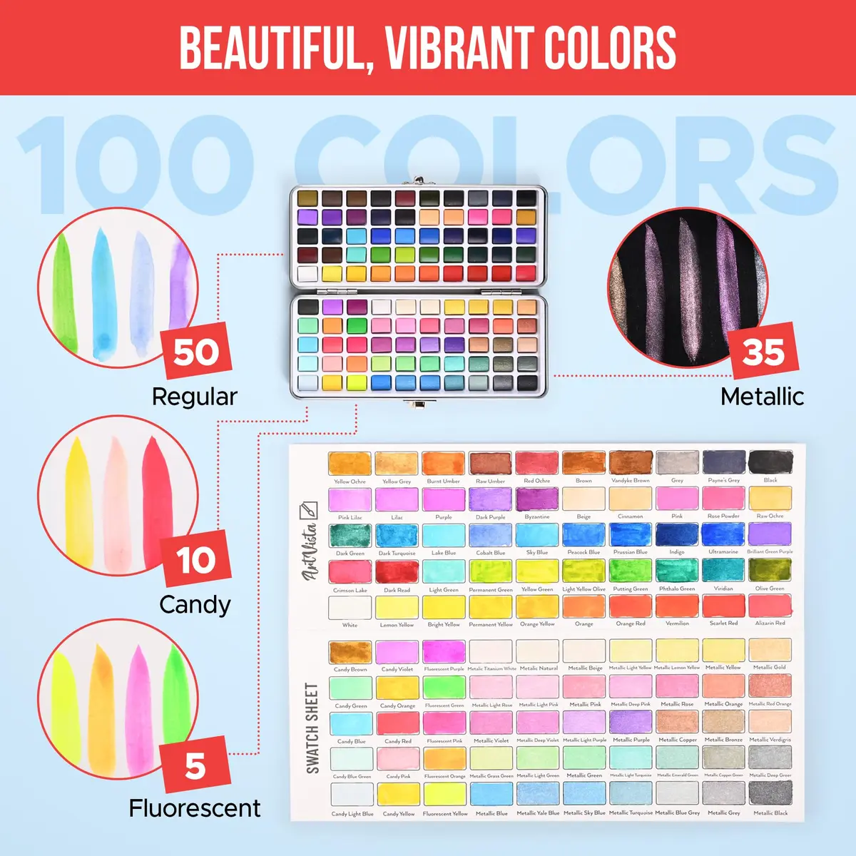 Art Vista Premium Watercolor Paint Set Bundle with 100 Vibrant Colors & Accessories | Non-Toxic, Portable Metal Case - view 5