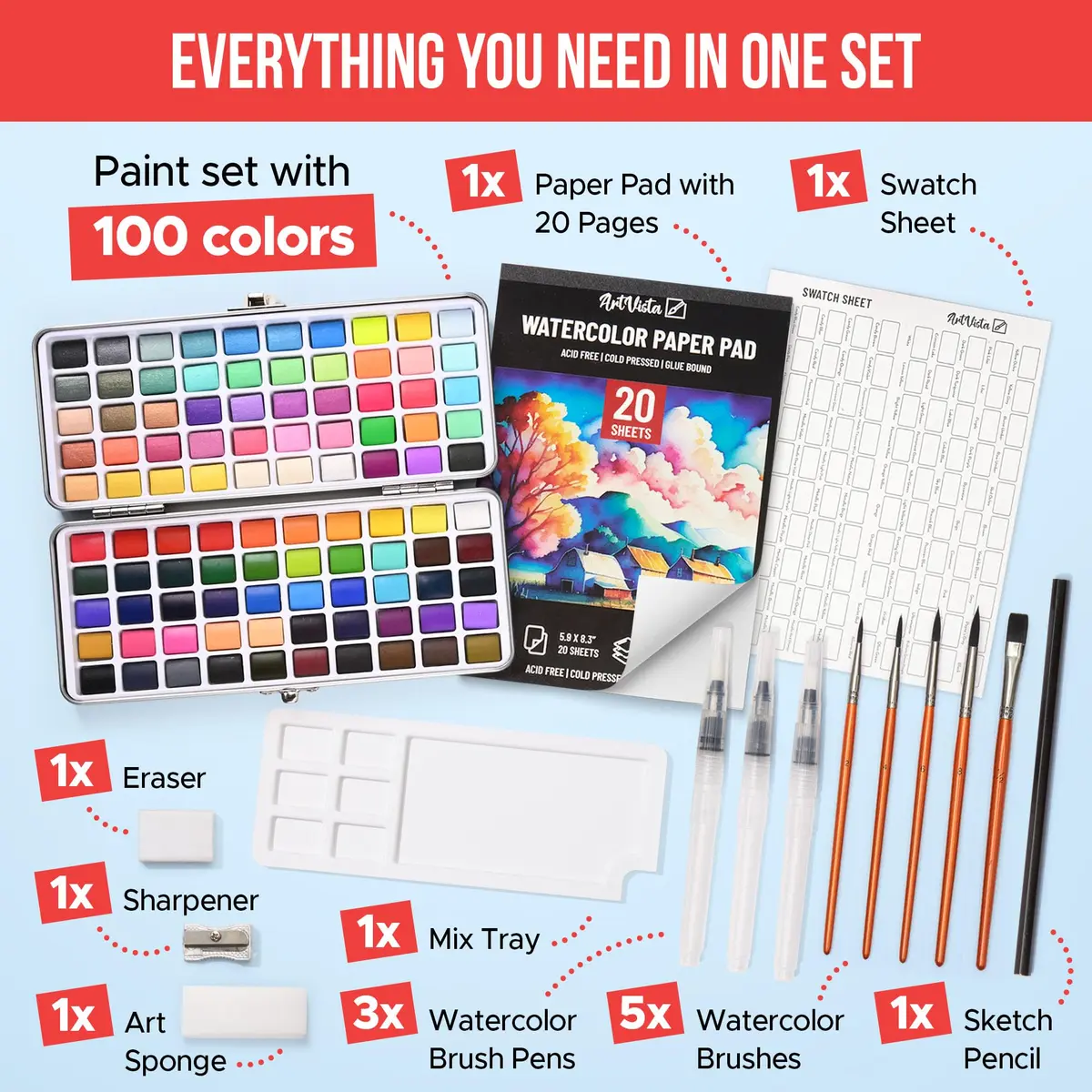 Art Vista Premium Watercolor Paint Set Bundle with 100 Vibrant Colors & Accessories | Non-Toxic, Portable Metal Case - view 2