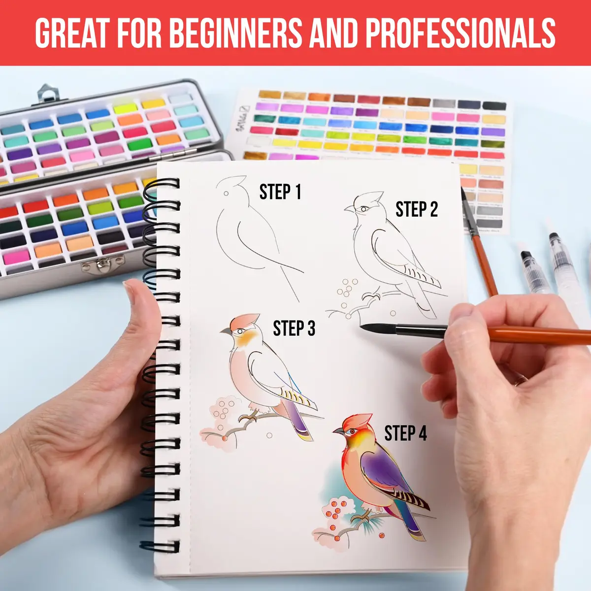 Art Vista Premium Watercolor Paint Set Bundle with 100 Vibrant Colors & Accessories | Non-Toxic, Portable Metal Case - view 4