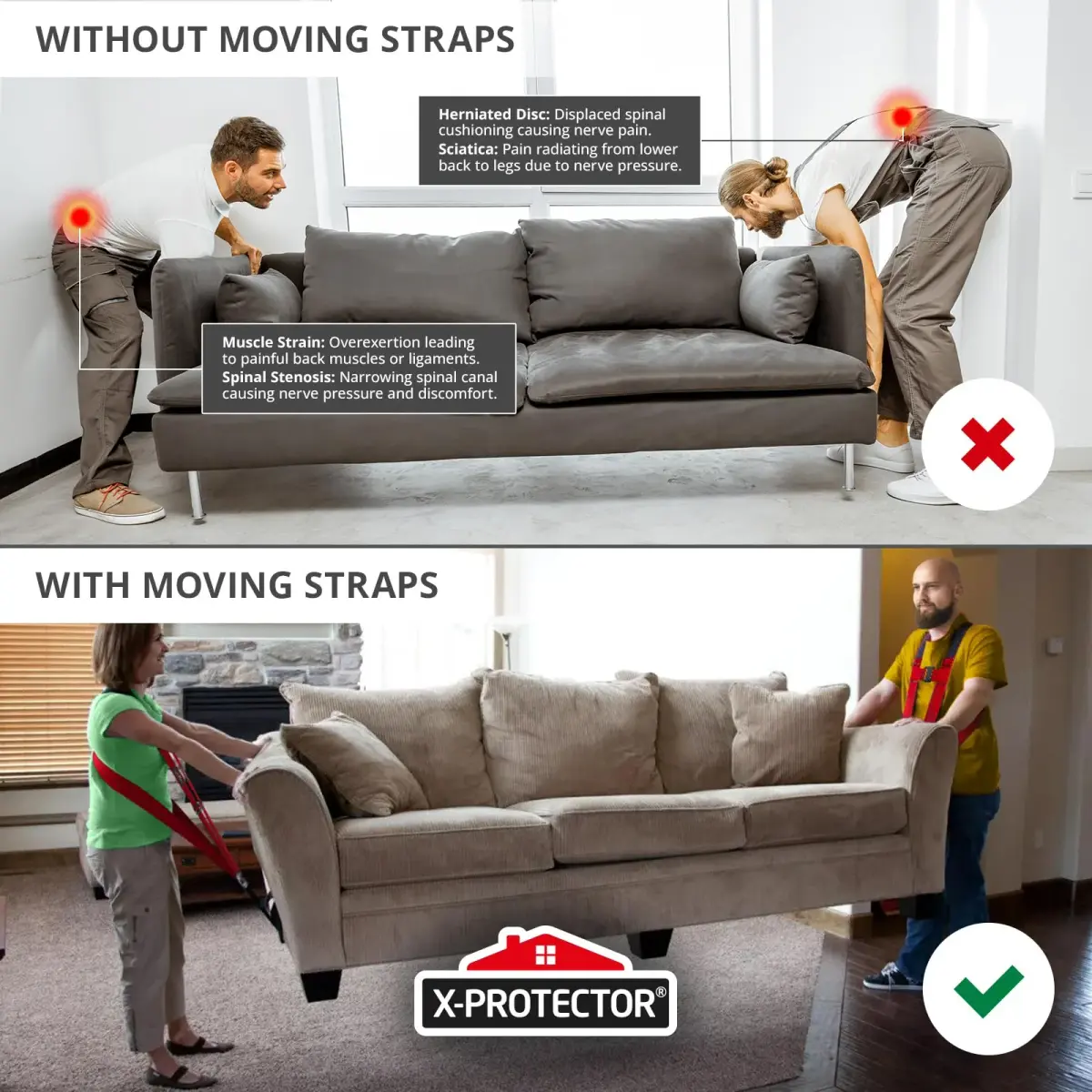 X-Protector Red Lifting Straps (2 Pairs, 1000 lbs Capacity) | Move Heavy Furniture & Appliances Safely - view 2