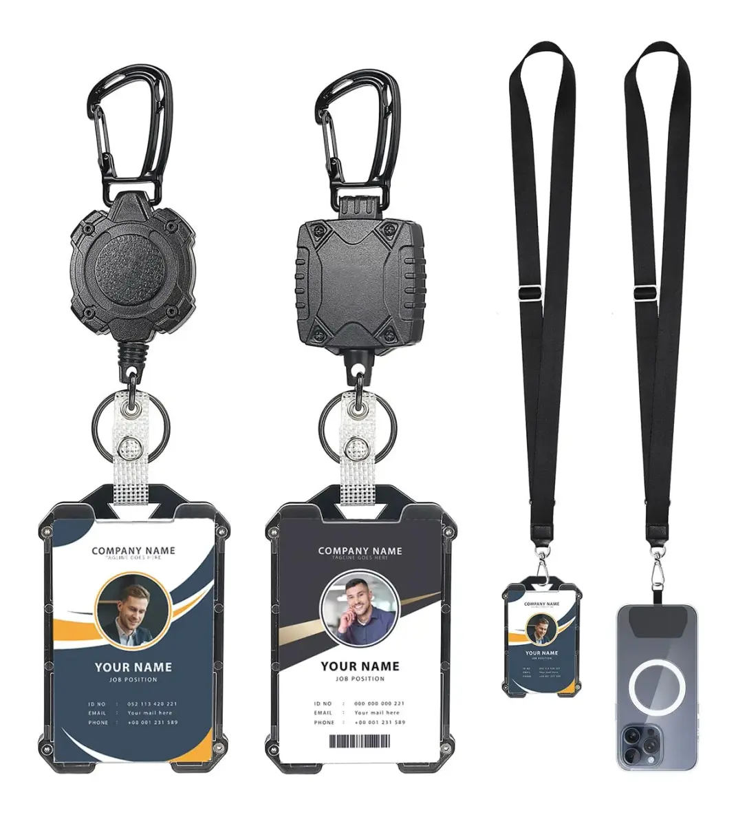 COOKOOKY Heavy Duty Retractable Badge Holder Clip with Carabiner & Lanyard, 4-Pack | Strong Stainless Steel Cord - main product image