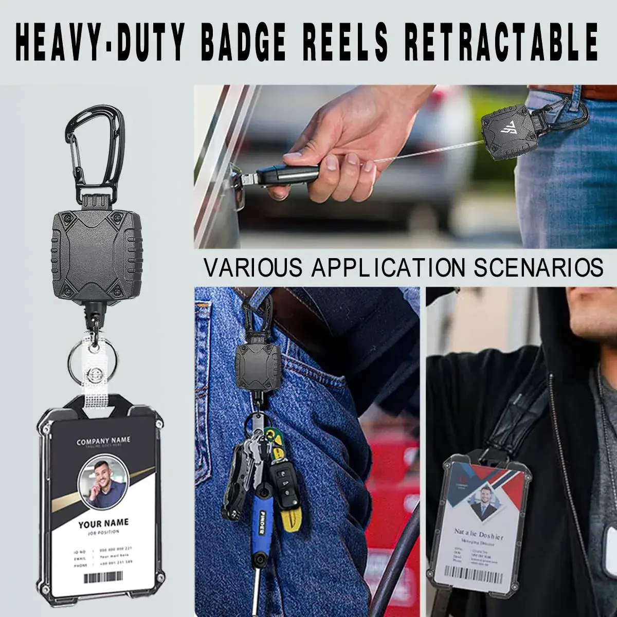 COOKOOKY Heavy Duty Retractable Badge Holder Clip with Carabiner & Lanyard, 4-Pack | Strong Stainless Steel Cord - view 6