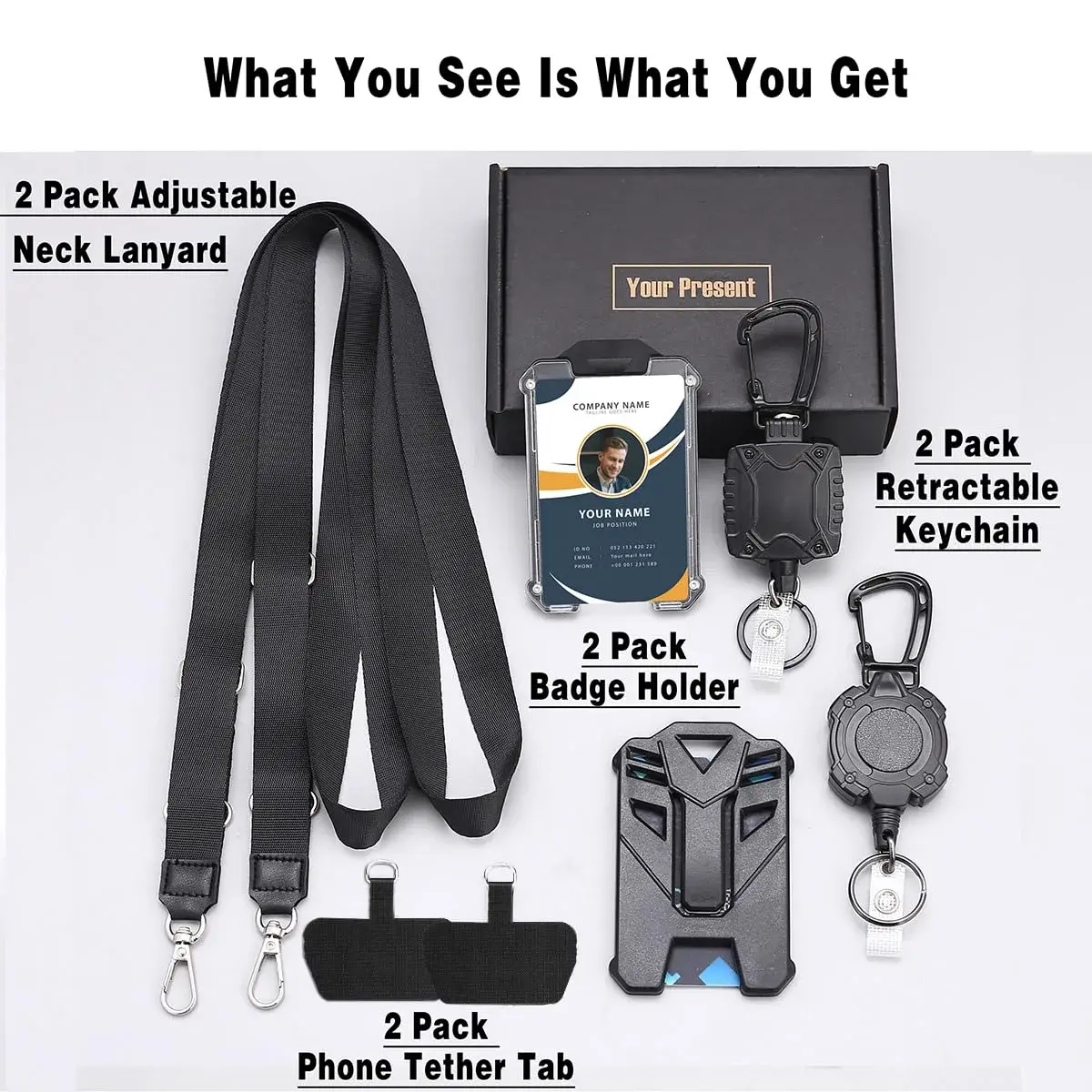 COOKOOKY Heavy Duty Retractable Badge Holder Clip with Carabiner & Lanyard, 4-Pack | Strong Stainless Steel Cord - view 2