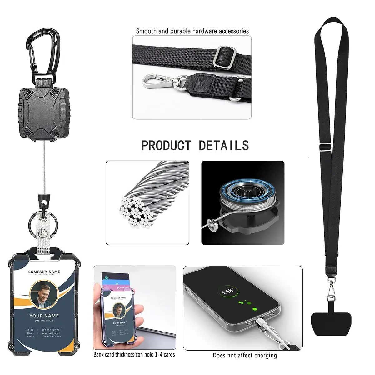 COOKOOKY Heavy Duty Retractable Badge Holder Clip with Carabiner & Lanyard, 4-Pack | Strong Stainless Steel Cord - view 4
