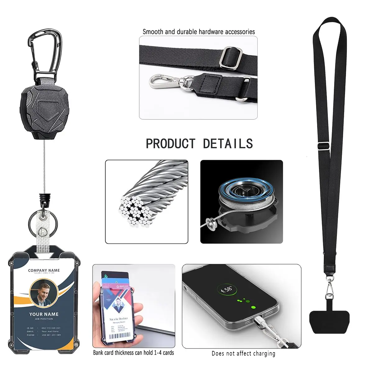 COOKOOKY Heavy Duty Retractable Badge Holder Clip with Carabiner & Lanyard, 4-Pack | Strong Stainless Steel Cord - view 4