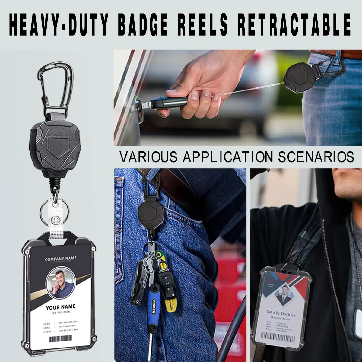 COOKOOKY Heavy Duty Retractable Badge Holder Clip with Carabiner & Lanyard, 4-Pack | Strong Stainless Steel Cord - view 6