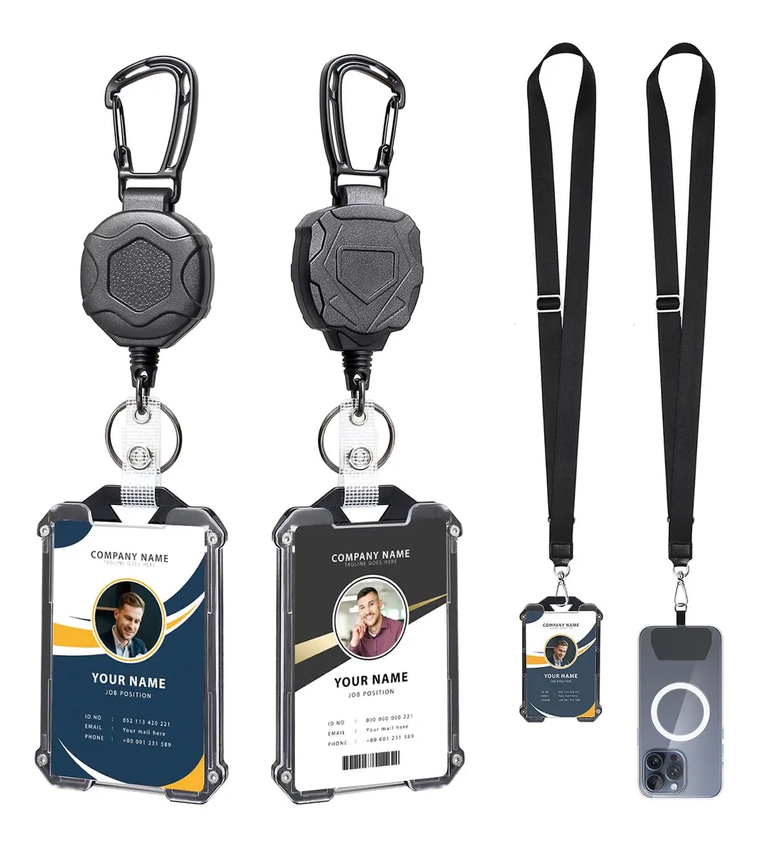 COOKOOKY Heavy Duty Retractable Badge Holder Clip with Carabiner & Lanyard, 4-Pack | Strong Stainless Steel Cord - main product image