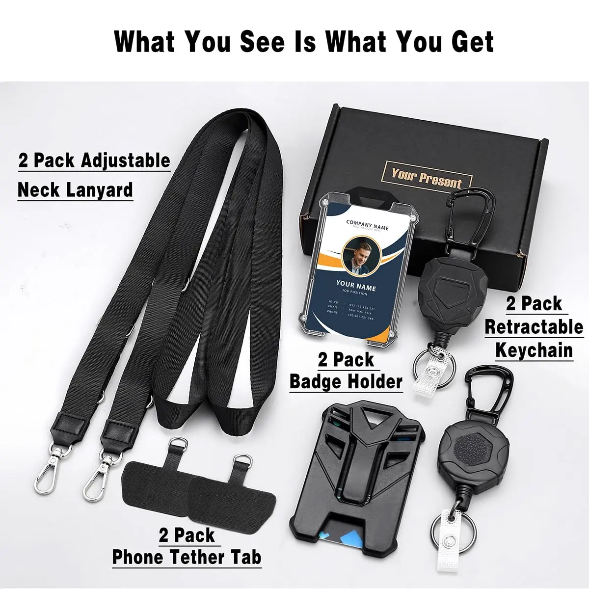 COOKOOKY Heavy Duty Retractable Badge Holder Clip with Carabiner & Lanyard, 4-Pack | Strong Stainless Steel Cord - view 2