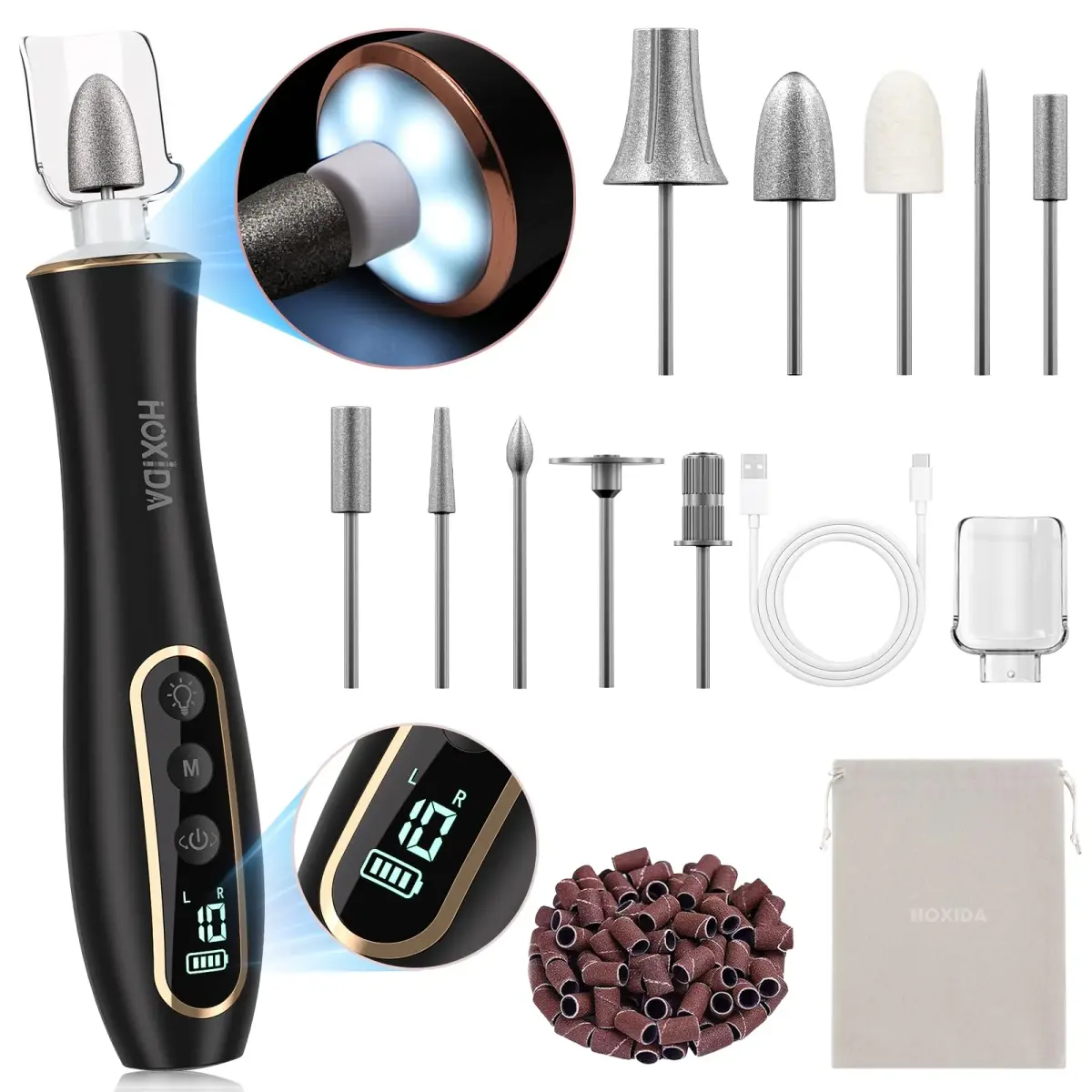 Hoxida Black Electric Nail Drill Set | 20,000 RPM Cordless Manicure Pedicure Tool with 360° LED Light - main product image