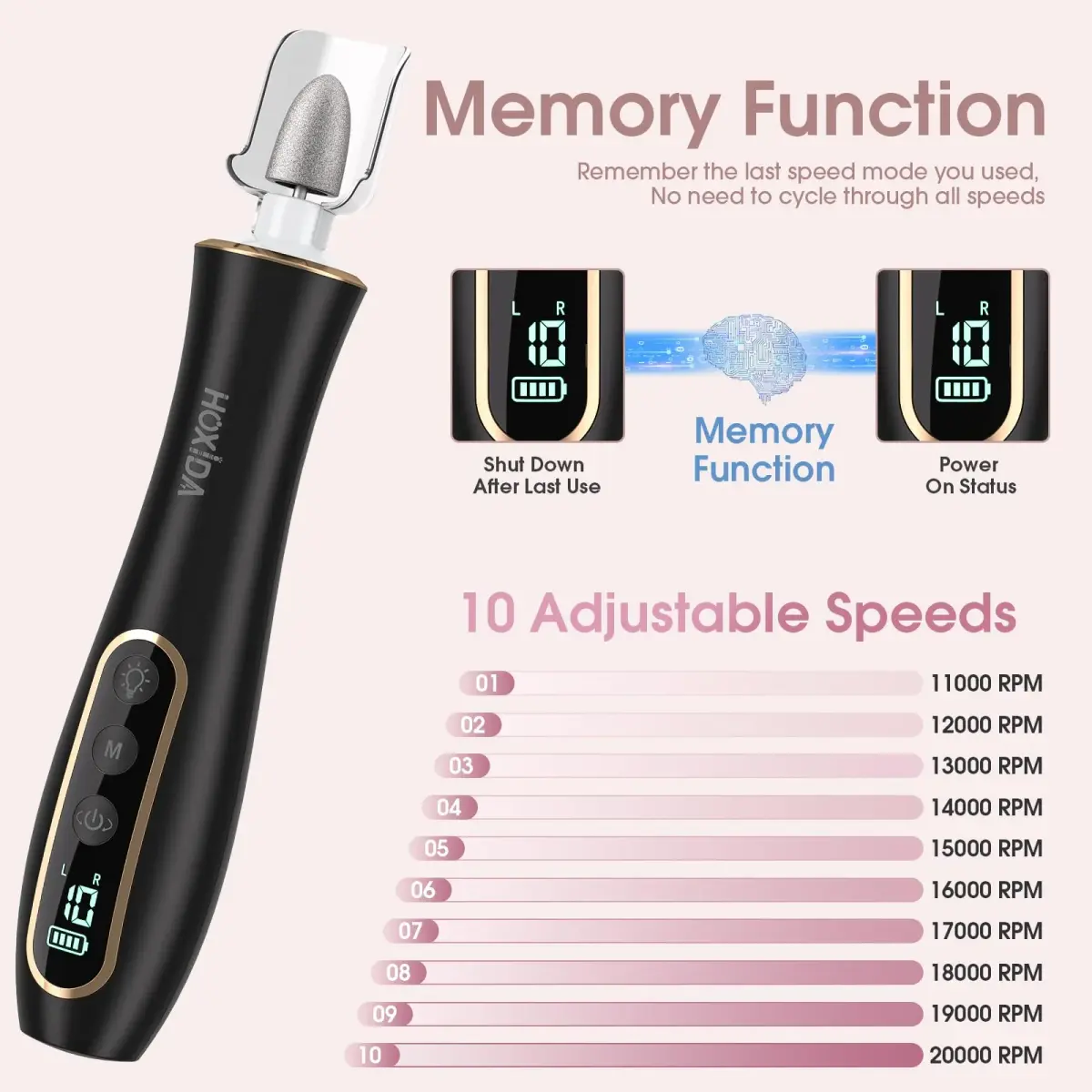 Hoxida Black Electric Nail Drill Set | 20,000 RPM Cordless Manicure Pedicure Tool with 360° LED Light - view 5