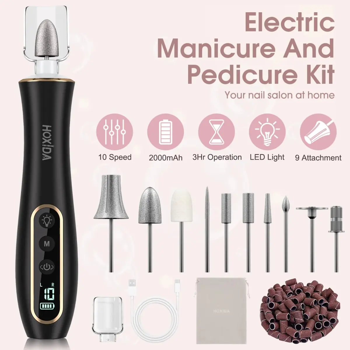 Hoxida Black Electric Nail Drill Set | 20,000 RPM Cordless Manicure Pedicure Tool with 360° LED Light - view 2
