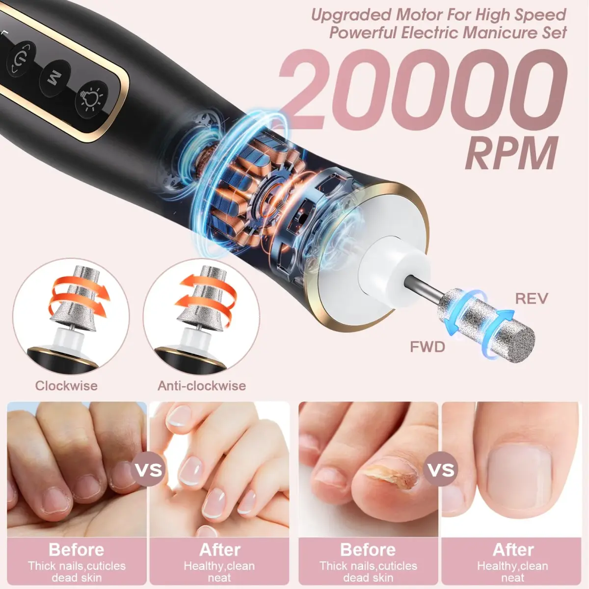Hoxida Black Electric Nail Drill Set | 20,000 RPM Cordless Manicure Pedicure Tool with 360° LED Light - view 3