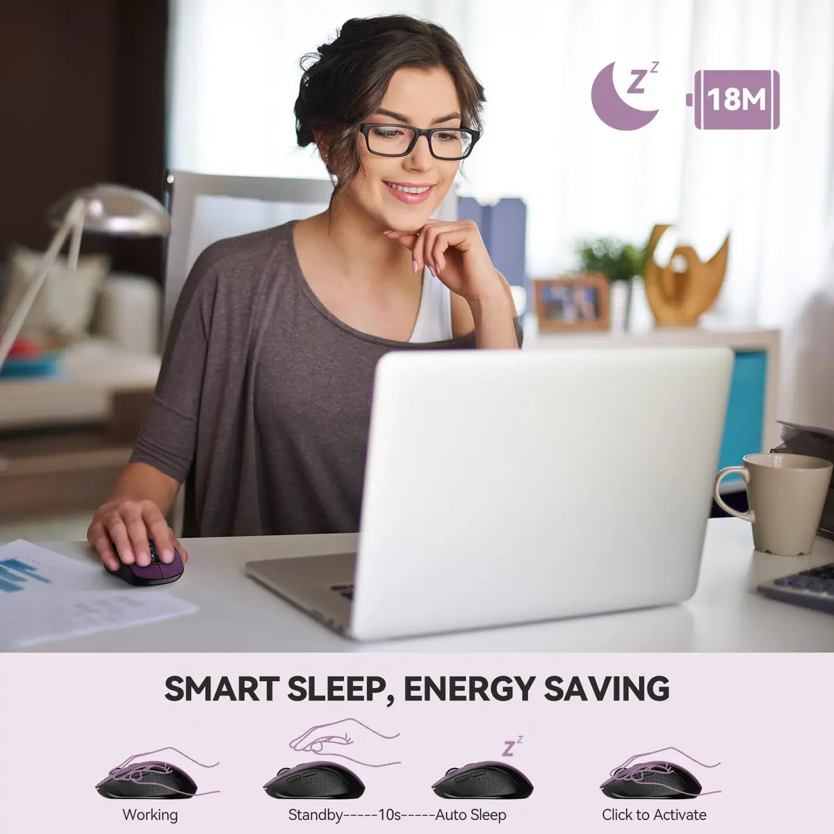 TECKNET 2-in-1 Bluetooth Mouse (BT 5.0/3.0+2.4Ghz), 6-Level 4000 DPI-Purple | Dual-Mode Wireless Control for Laptop & PC - view 5