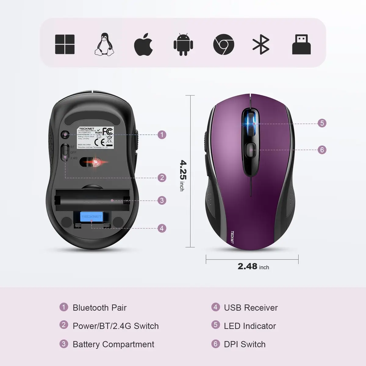 TECKNET 2-in-1 Bluetooth Mouse (BT 5.0/3.0+2.4Ghz), 6-Level 4000 DPI-Purple | Dual-Mode Wireless Control for Laptop & PC - view 8