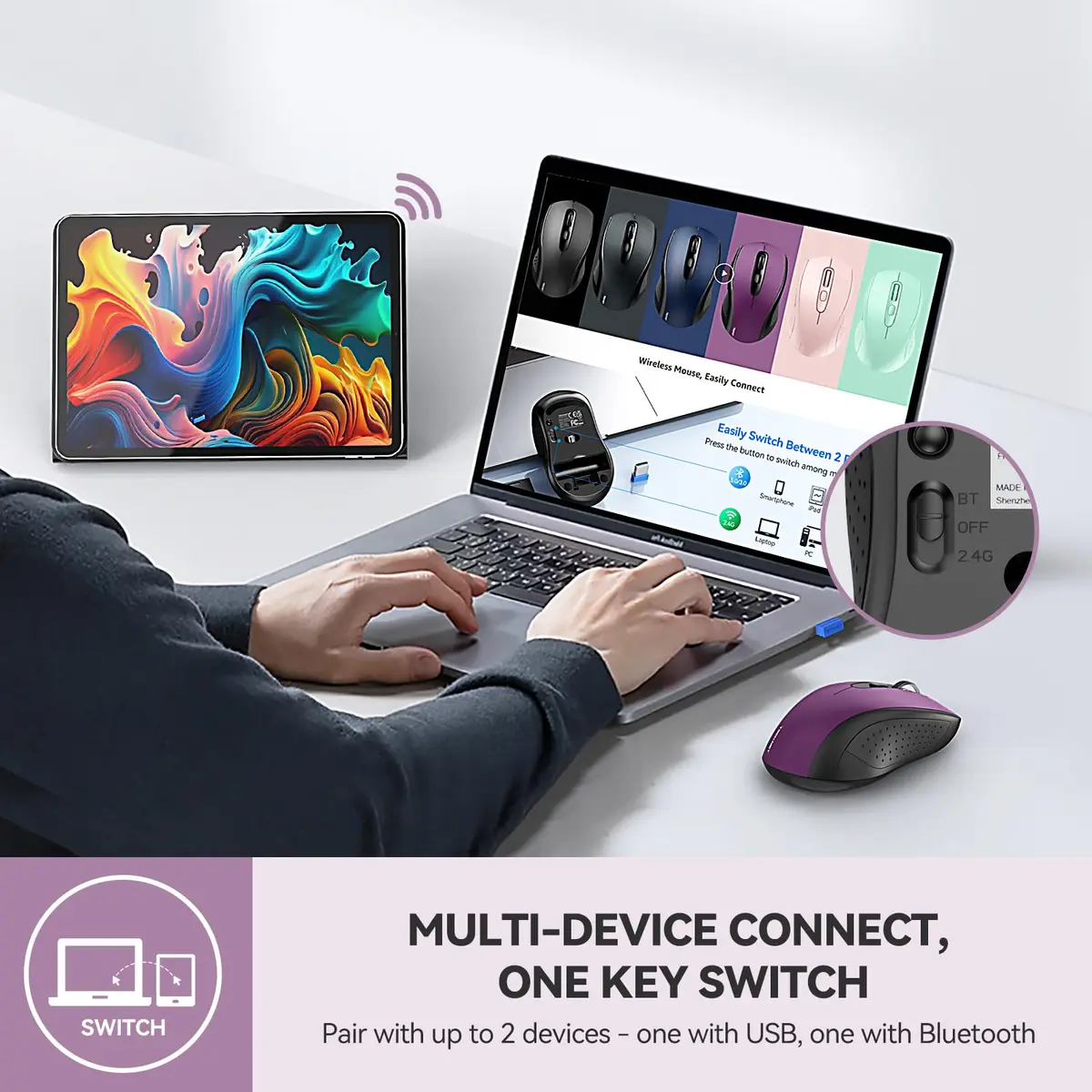 TECKNET 2-in-1 Bluetooth Mouse (BT 5.0/3.0+2.4Ghz), 6-Level 4000 DPI-Purple | Dual-Mode Wireless Control for Laptop & PC - view 2