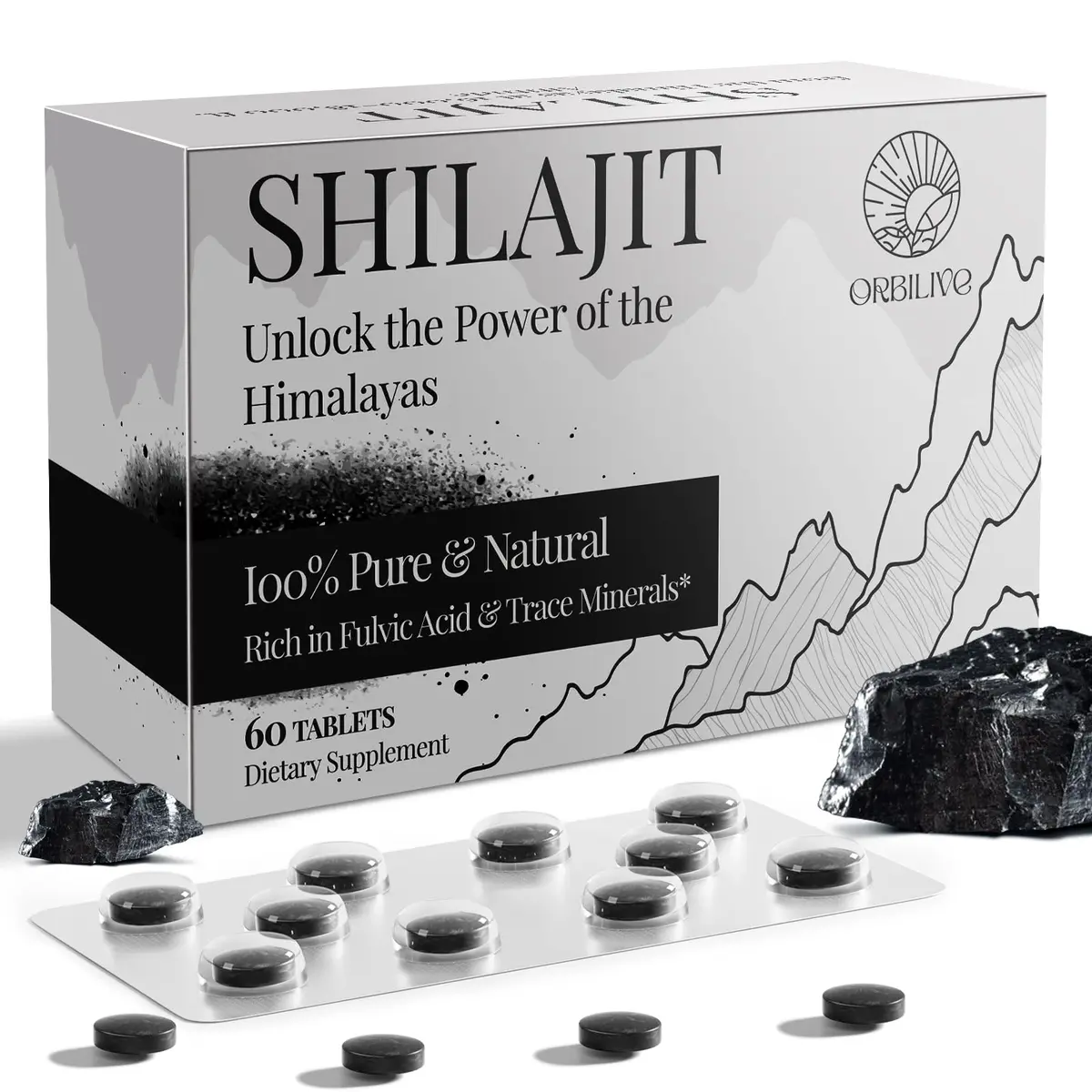 ORILIVE Shilajit Tablets 1000 MG | Himalayan Organic, Rich in Fulvic Acid & Trace Minerals, 60 Count - main product image
