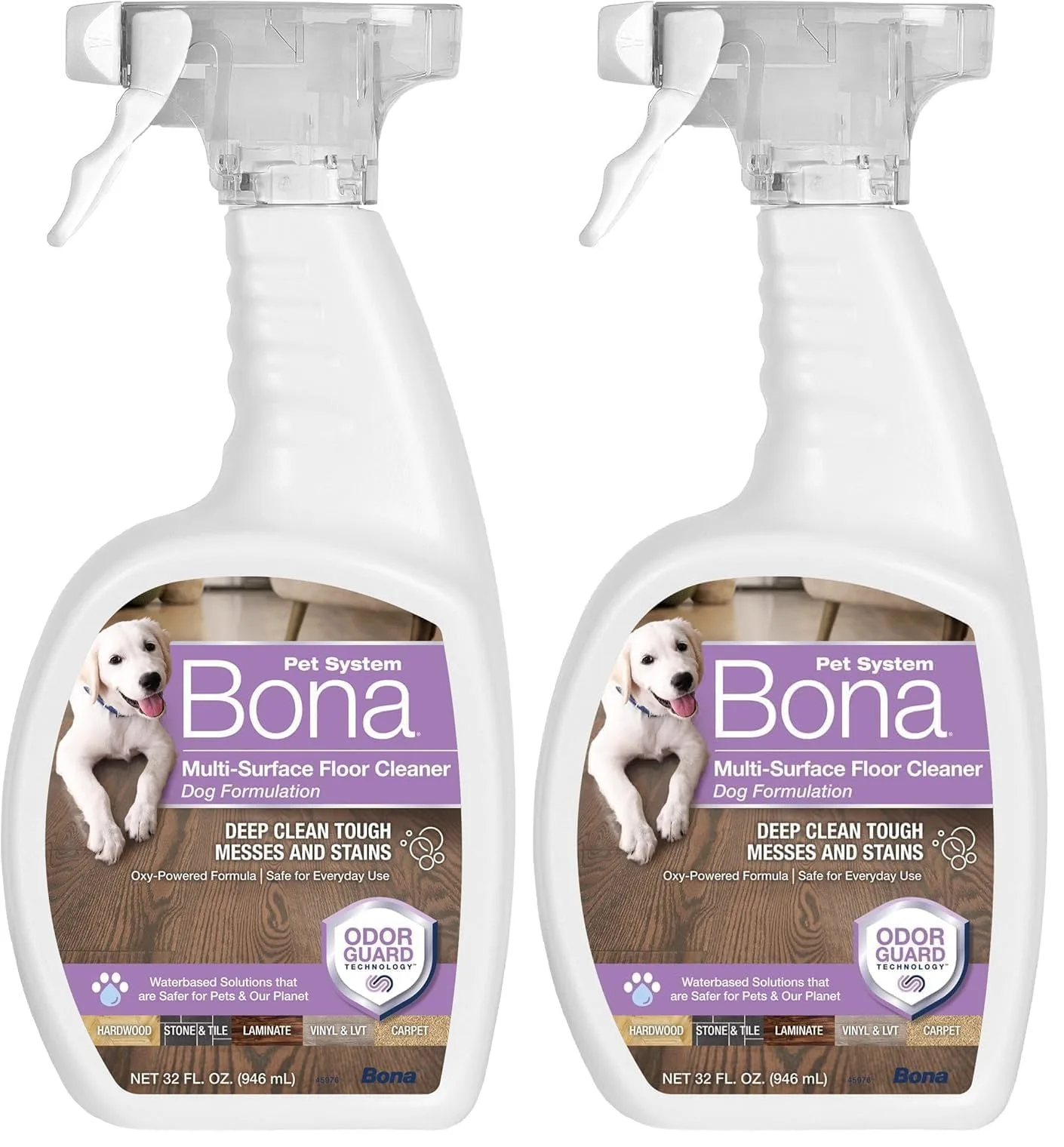 Bona Pet Spray Odor Eliminator, Dog Formulation, 2x32 fl oz | Oxy-Powered Stain & Odor Removal - main product image