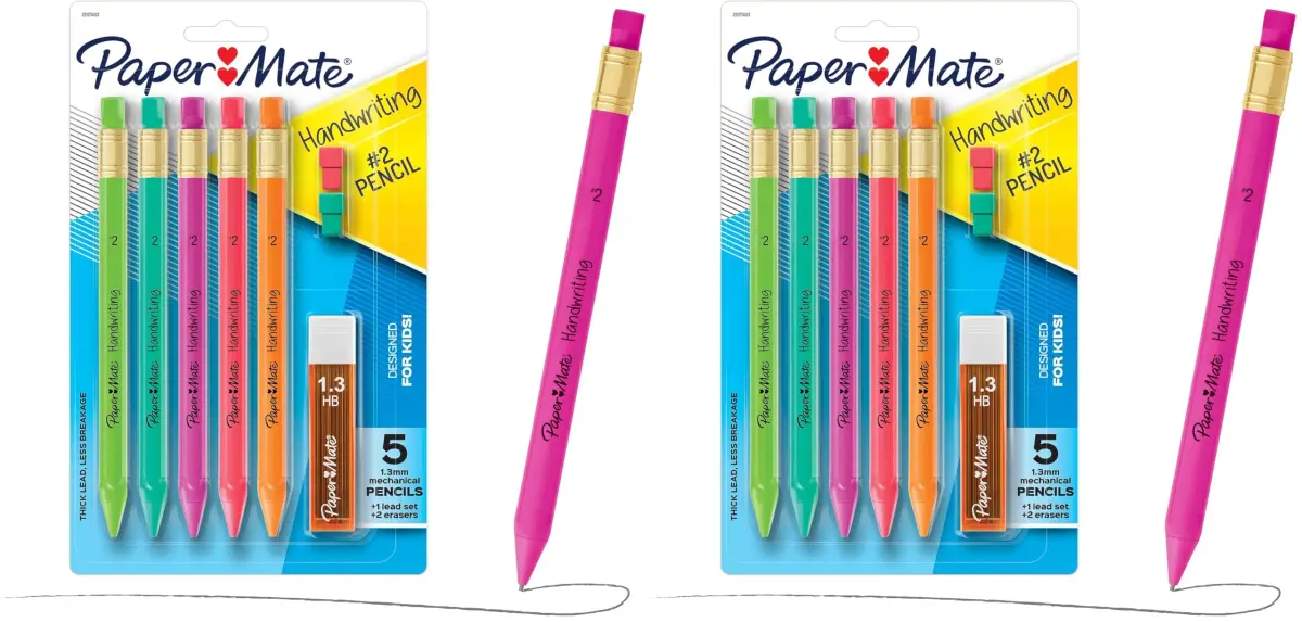 Paper Mate Handwriting Triangular Mechanical Pencil Set with Lead & Eraser Refills, 1.3mm, Assorted Colors, 2-Pack | Smooth Ink Flow - main product image