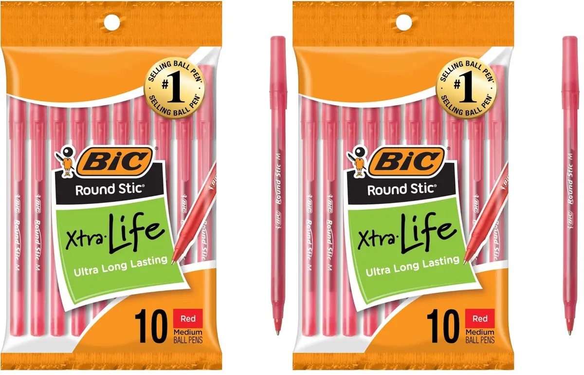 BIC Round Stic Xtra Life Red Ballpoint Pens, Medium Point (1.0mm) 20-Count | Smooth Ink Flow for Writing Comfort - main product image