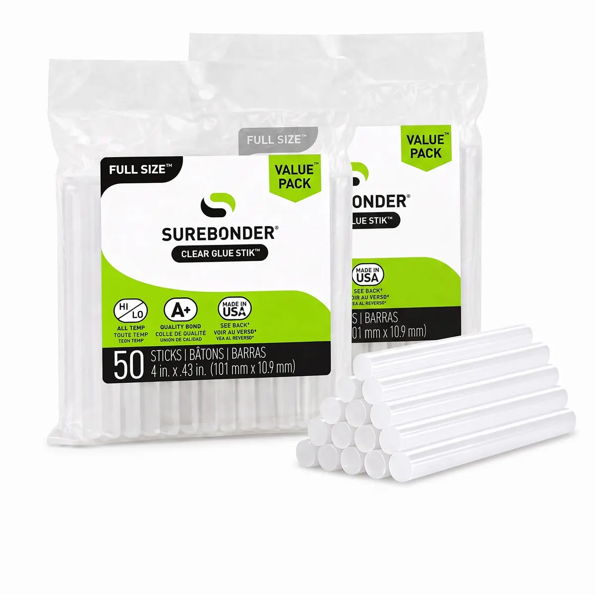 Surebonder Full Size Hot Glue Sticks, Clear, Non-Toxic, Multi-Temp, 4-Inch x 0.43-Inch for Full Size Glue Guns, 50 Count (Pack of 2) | Versatile DIY Adhesive - main product image