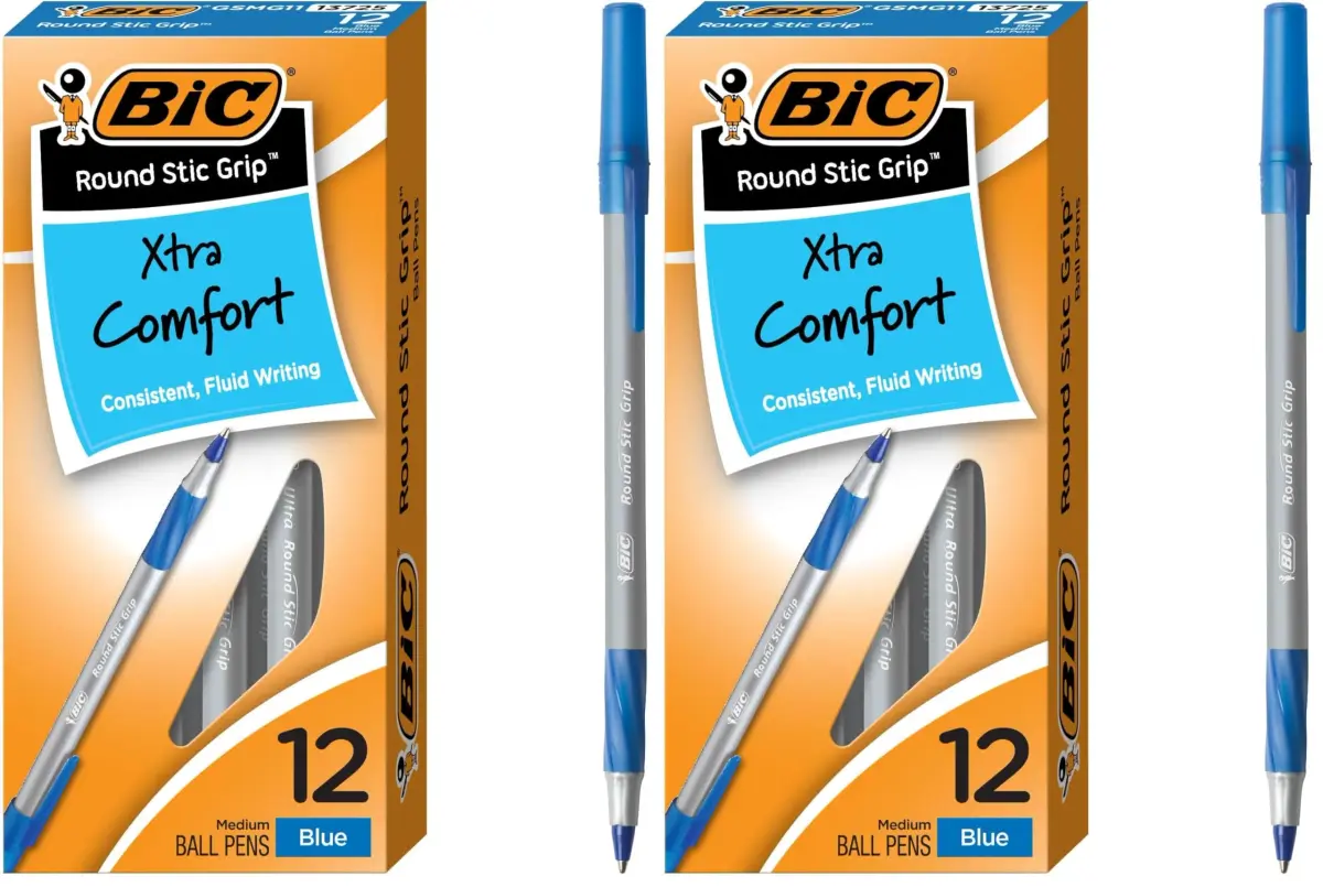 BIC Round Stic Grip Xtra Comfort Blue Ballpoint Pens, Medium Point (1.2mm), 24 Count (Pack of 2) | Smooth Ink Flow & Soft Grip - main product image
