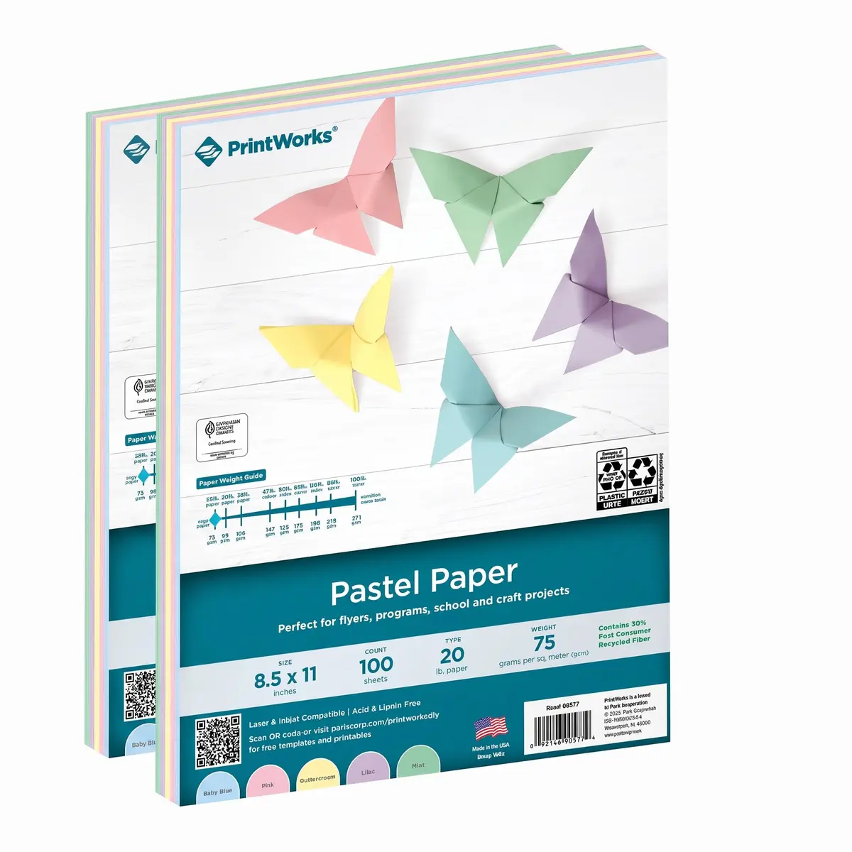 PrintWorks Pastel Paper 20 lb | 5 Assorted Pastel Colors | 100 Sheets 8.5 x 11 Inch | 30% Recycled - main product image