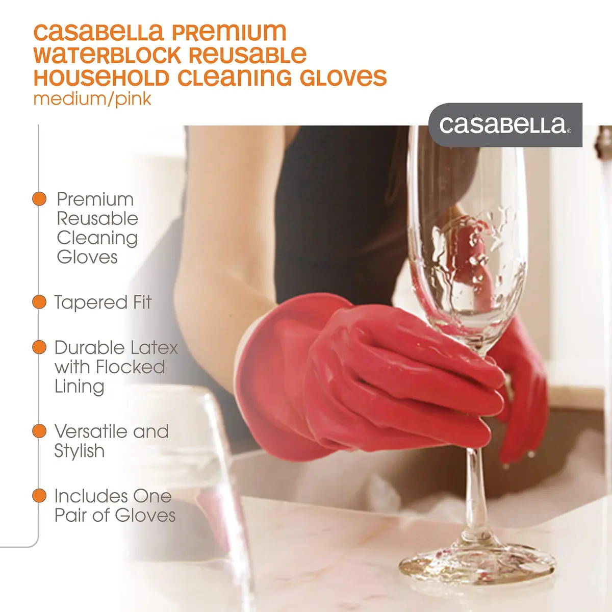 Casabella Waterblock Reusable Household Cleaning Gloves, Medium | Latex Gloves with Waterblock Cuff for Household Use - view 2
