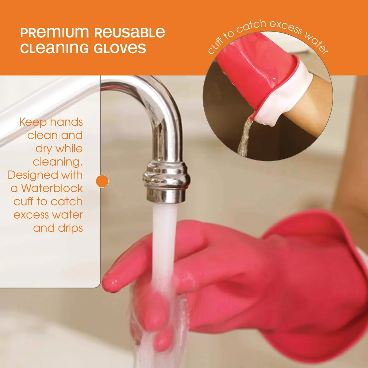 Casabella Waterblock Reusable Household Cleaning Gloves, Medium | Latex Gloves with Waterblock Cuff for Household Use - view 3