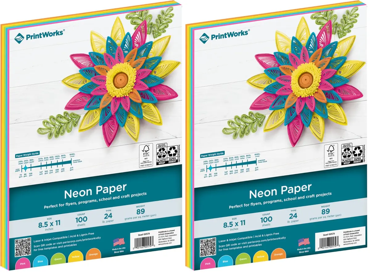 PrintWorks Neon Colored Paper, 24 lb, 5 Assorted Fluorescent Colors | High Impact Flyers & Crafts - main product image