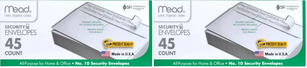 Mead #10 Security Envelopes 10.5cm x 24.1cm (4-1/8" x 9-1/2") | Self-Adhesive, 90 Count, White - main product image