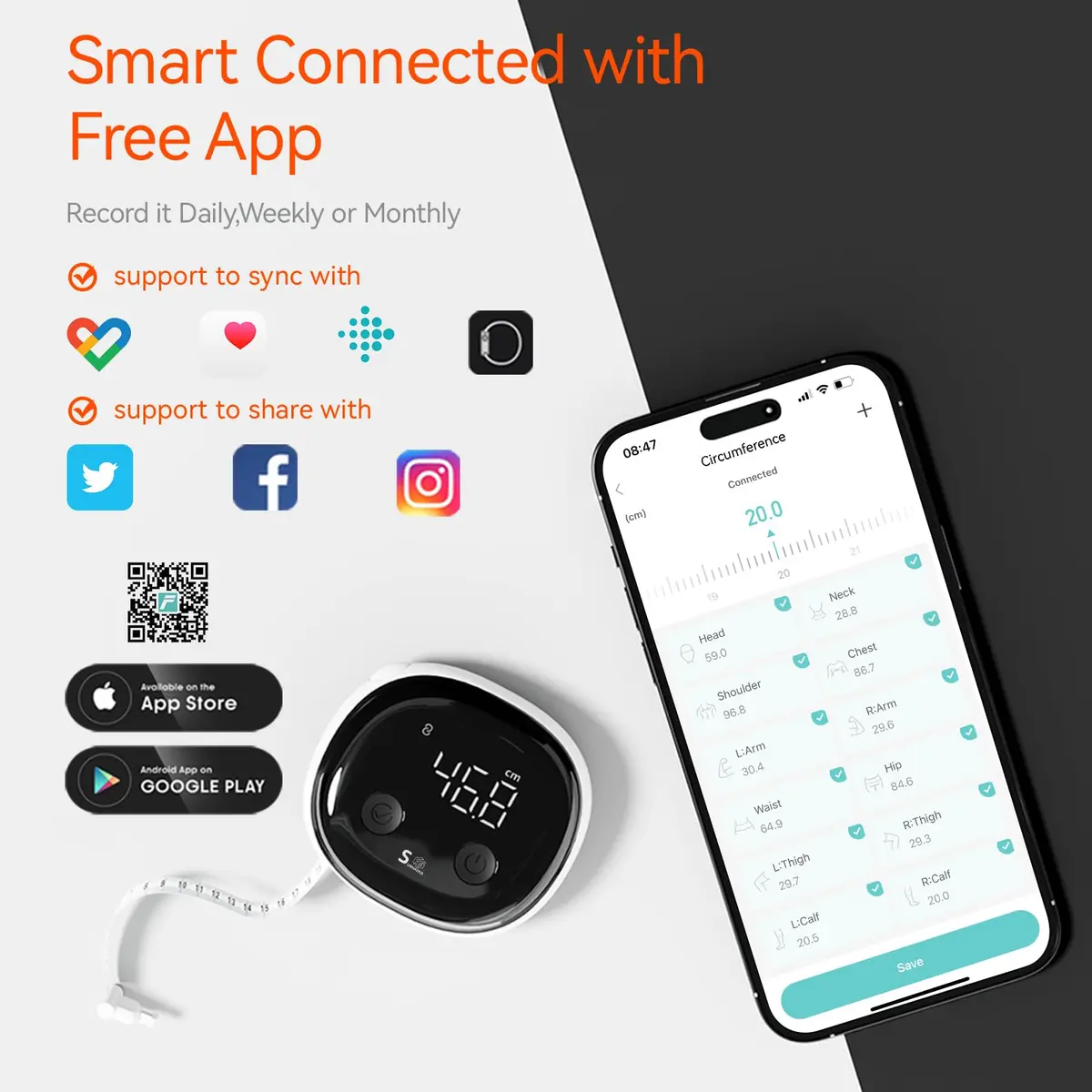 HAIZHIHUI Body Tape Measure, Bluetooth Digital with LED, Type-C | Accurate Smart Body Measurement Tool - view 7