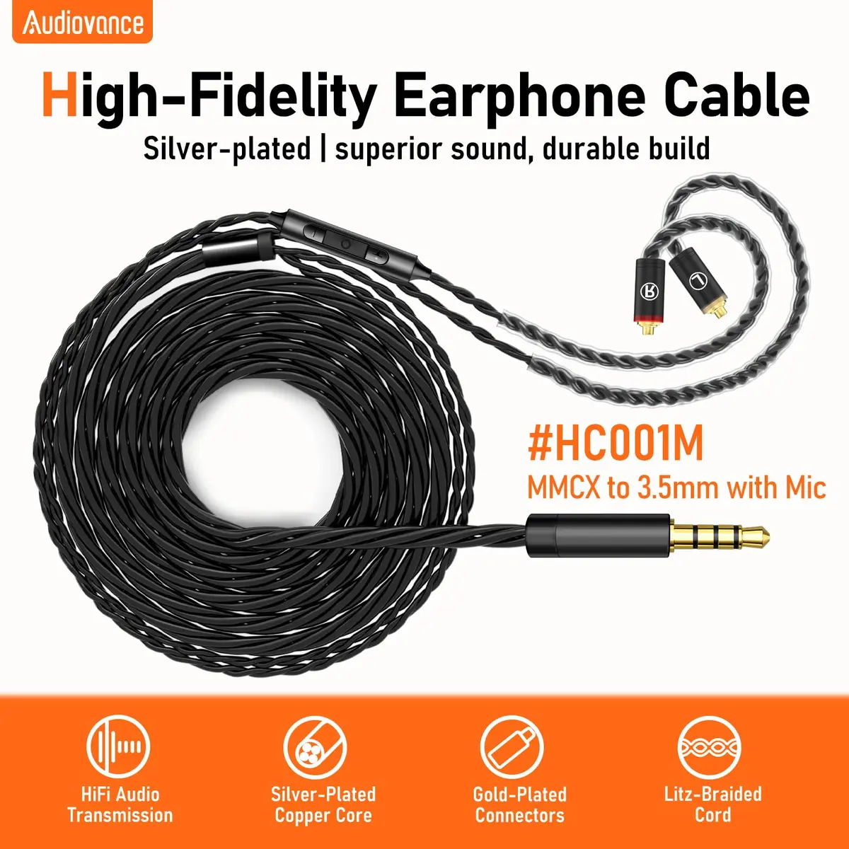 Audiovance HiFi MMCX Cable with Mic 163cm (63") | Lossless Audio & Clear Calls for IEMs - view 2
