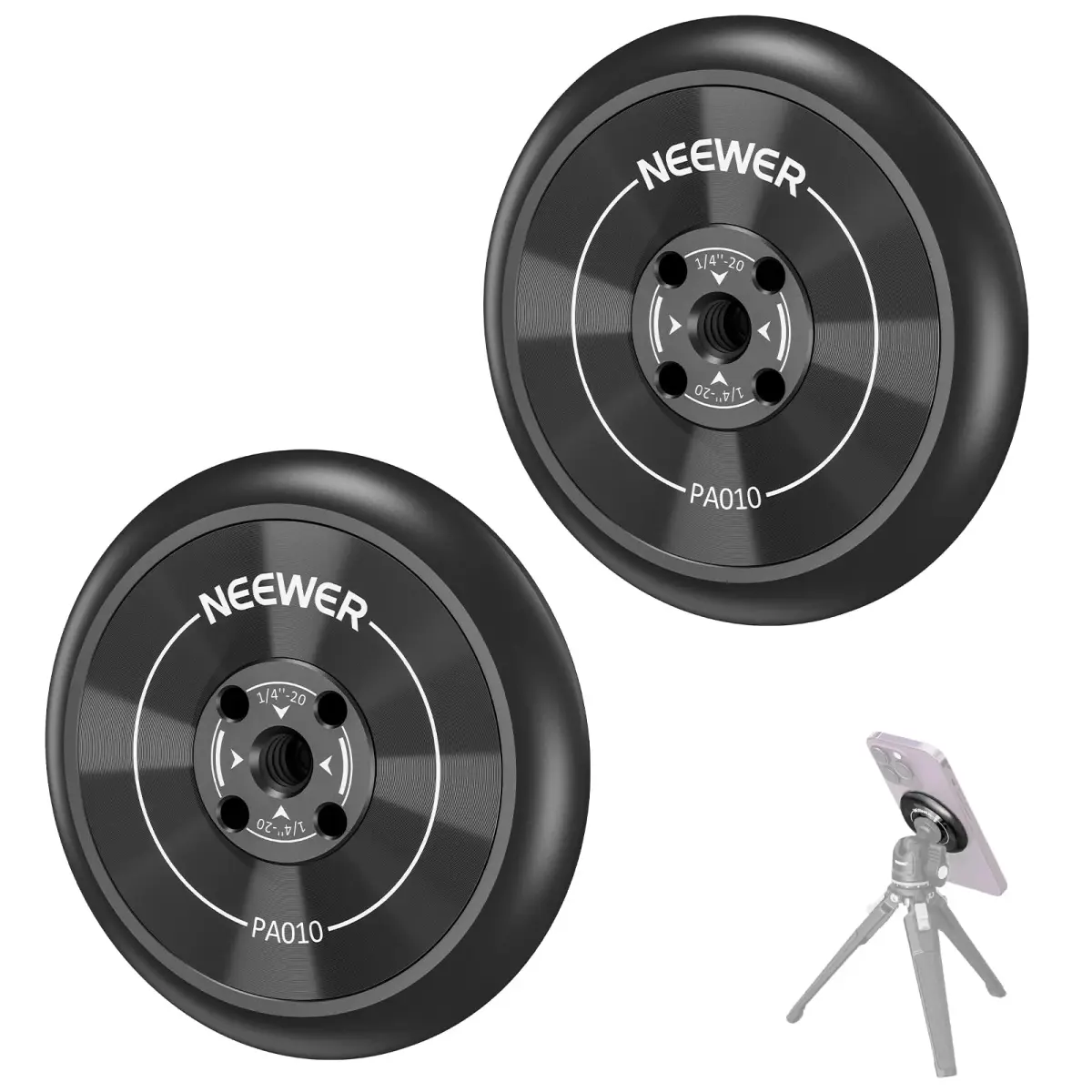 NEEWER Magnetic Phone Tripod Mount Adapter with Adhesive Magnetic Ring 2 Pack | 1/4" Thread for Video Recording Selfie Stick Ring Light - main product image