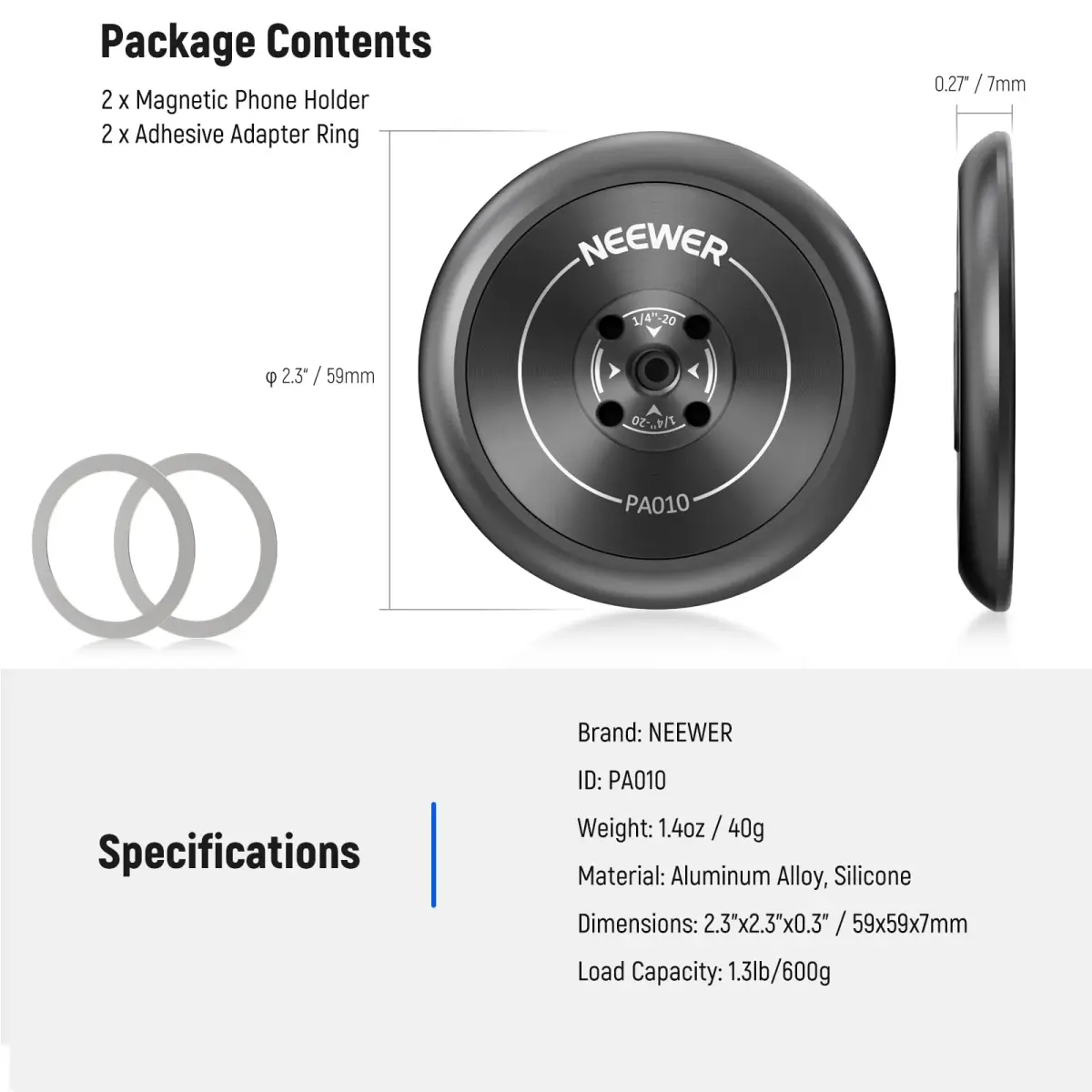 NEEWER Magnetic Phone Tripod Mount Adapter with Adhesive Magnetic Ring 2 Pack | 1/4" Thread for Video Recording Selfie Stick Ring Light - view 8