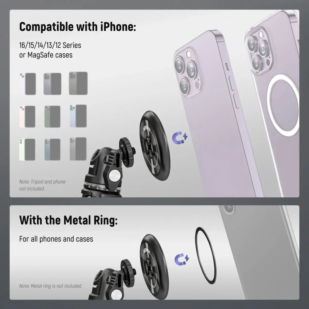 NEEWER Magnetic Phone Tripod Mount Adapter with Adhesive Magnetic Ring 2 Pack | 1/4" Thread for Video Recording Selfie Stick Ring Light - view 3