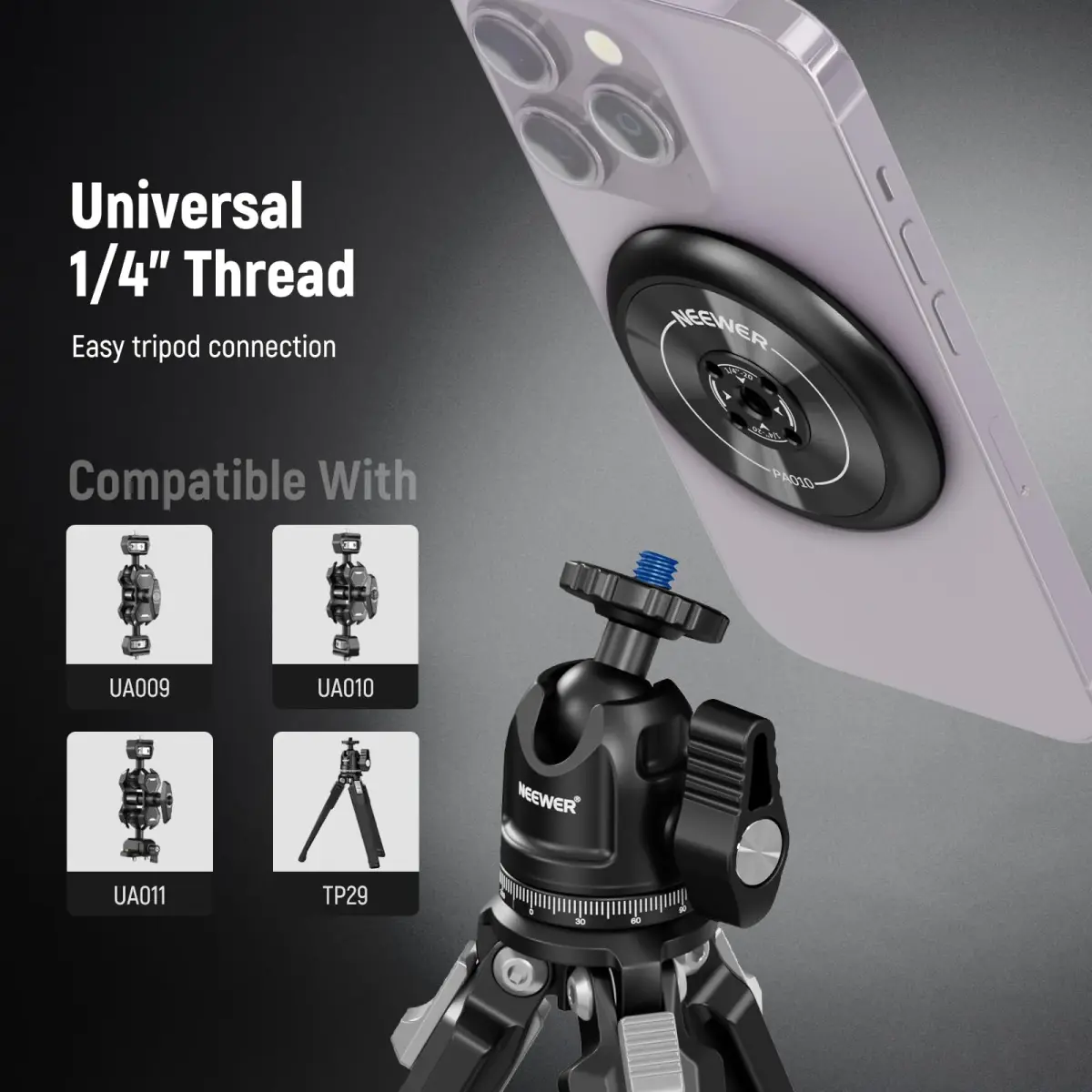 NEEWER Magnetic Phone Tripod Mount Adapter with Adhesive Magnetic Ring 2 Pack | 1/4" Thread for Video Recording Selfie Stick Ring Light - view 4